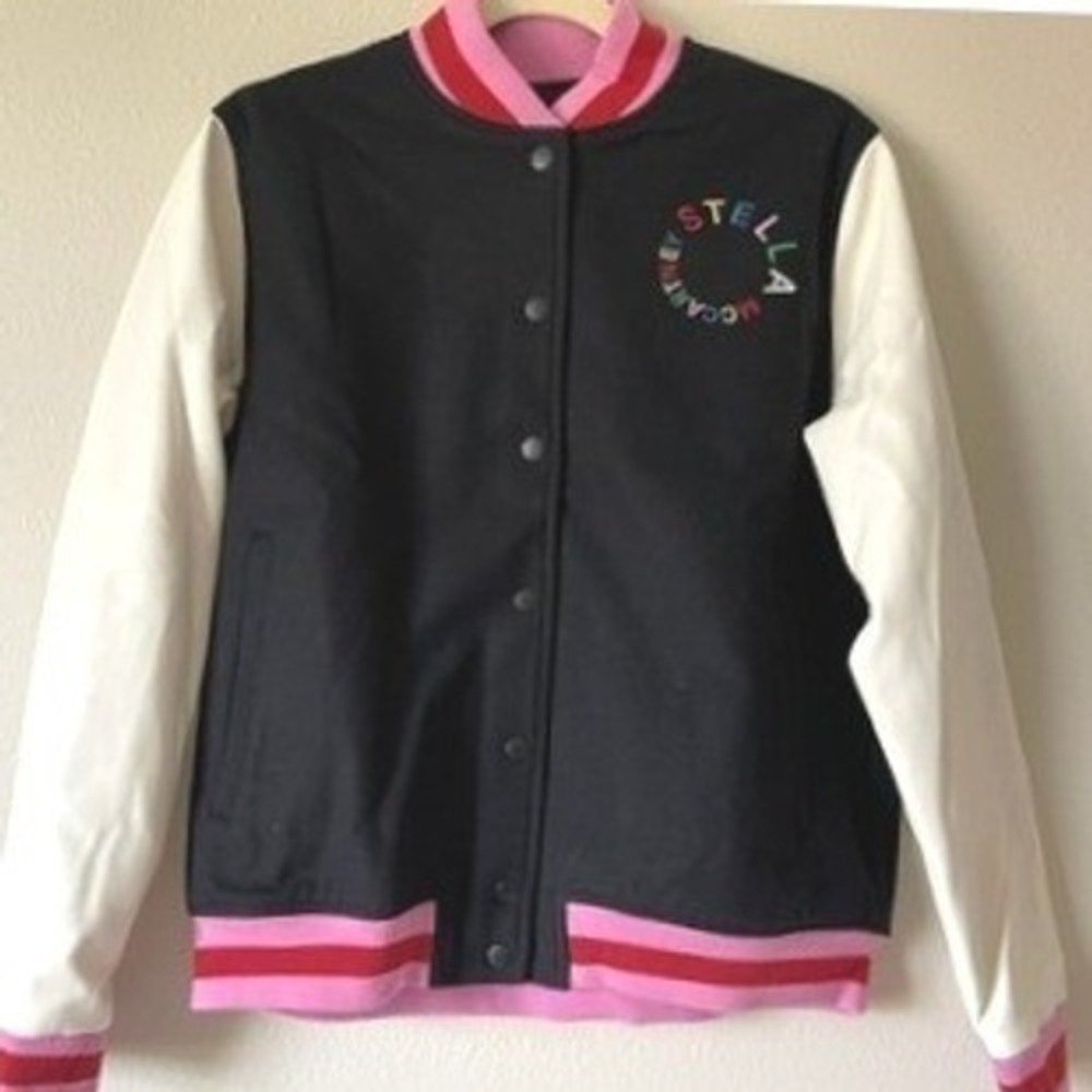 Stella McCartney Kids Black Varsity Jacket Rainbow Logo Pink Trim Size 14 Years